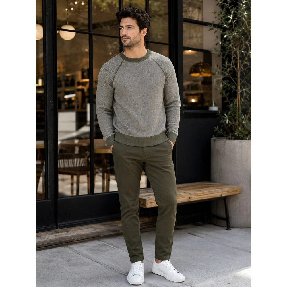 Vince Mens XL Wool Cashmere Birdseye Knit Crewneck Sweater Olive Gray Raglan